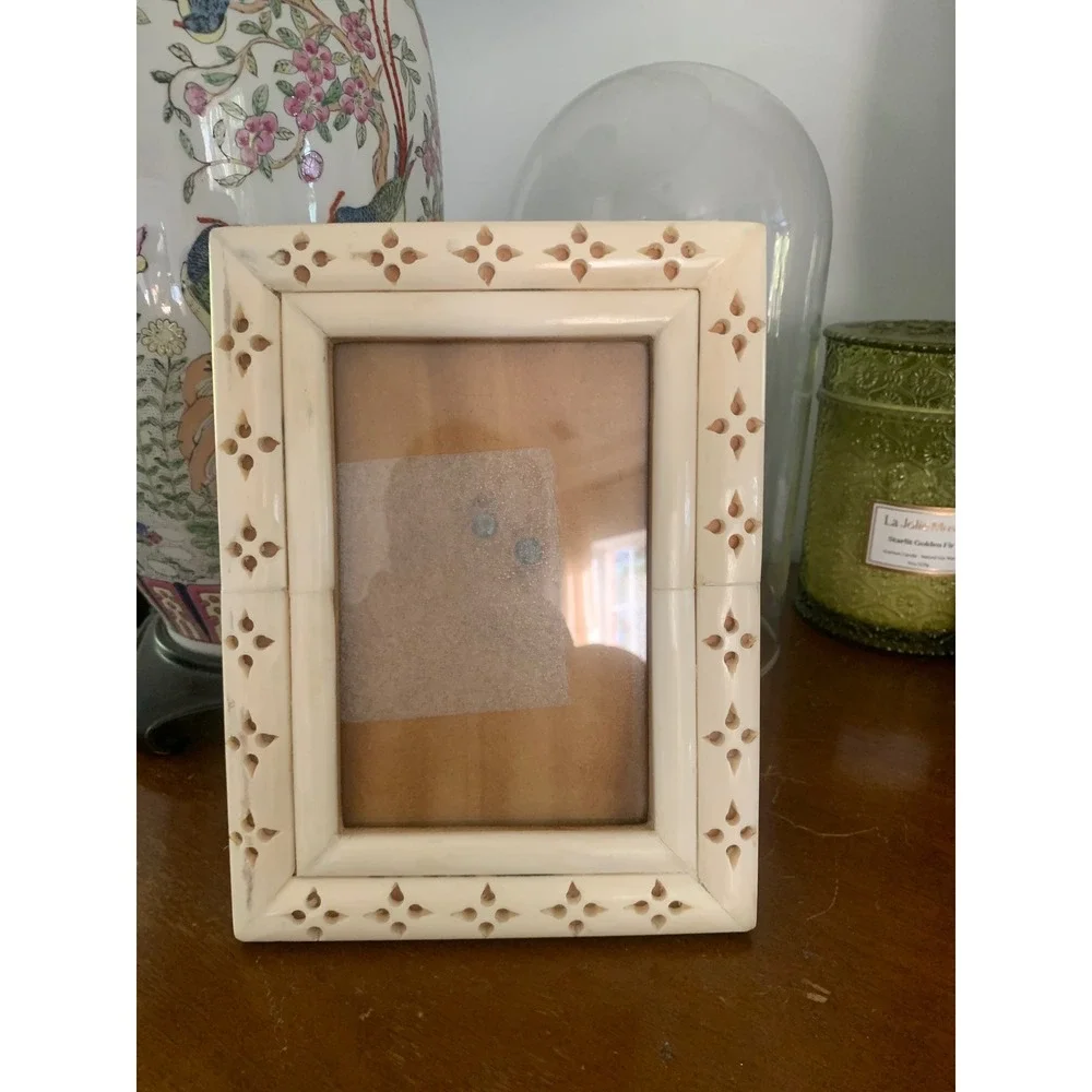 Vintage Bone Inlay Picture Frame Hand Carved Cream 4x6 Boho Decor